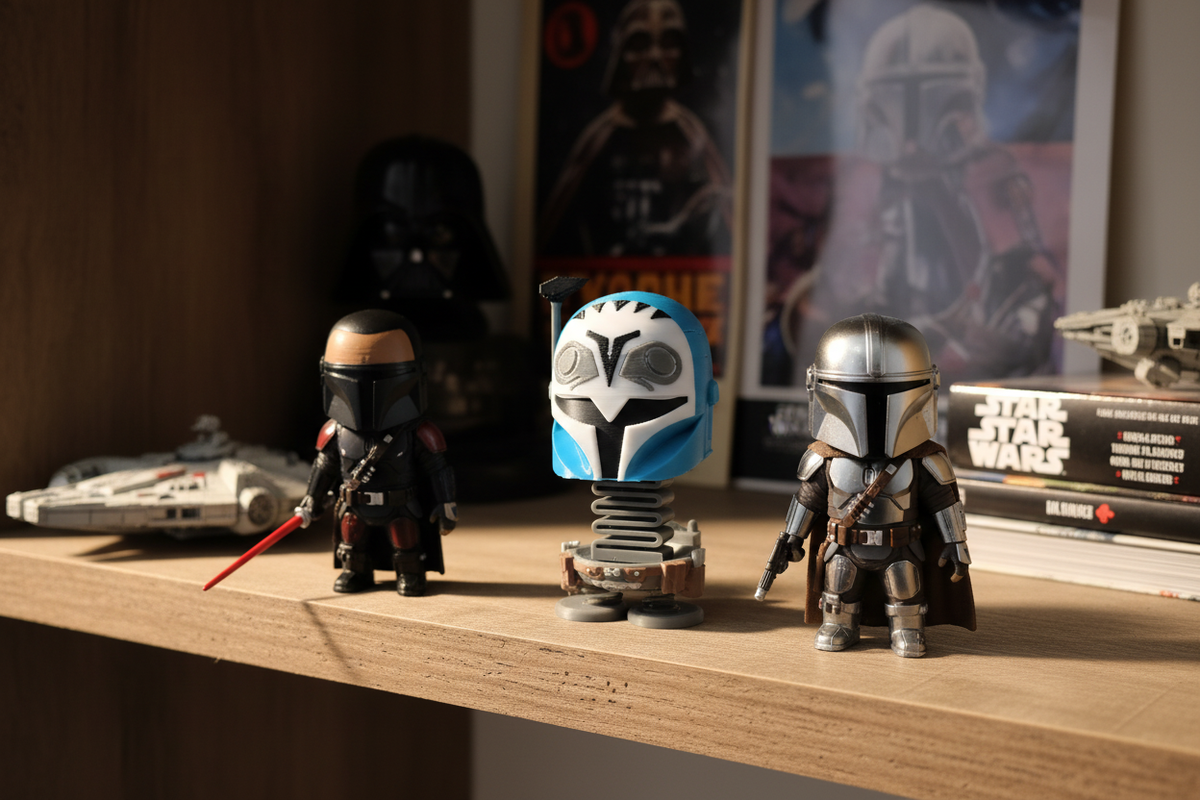 Star Wars Mandalorian Springie collection including Bo-Katan, Moff Gideon and silver Mandalorian on a cosy shelf
