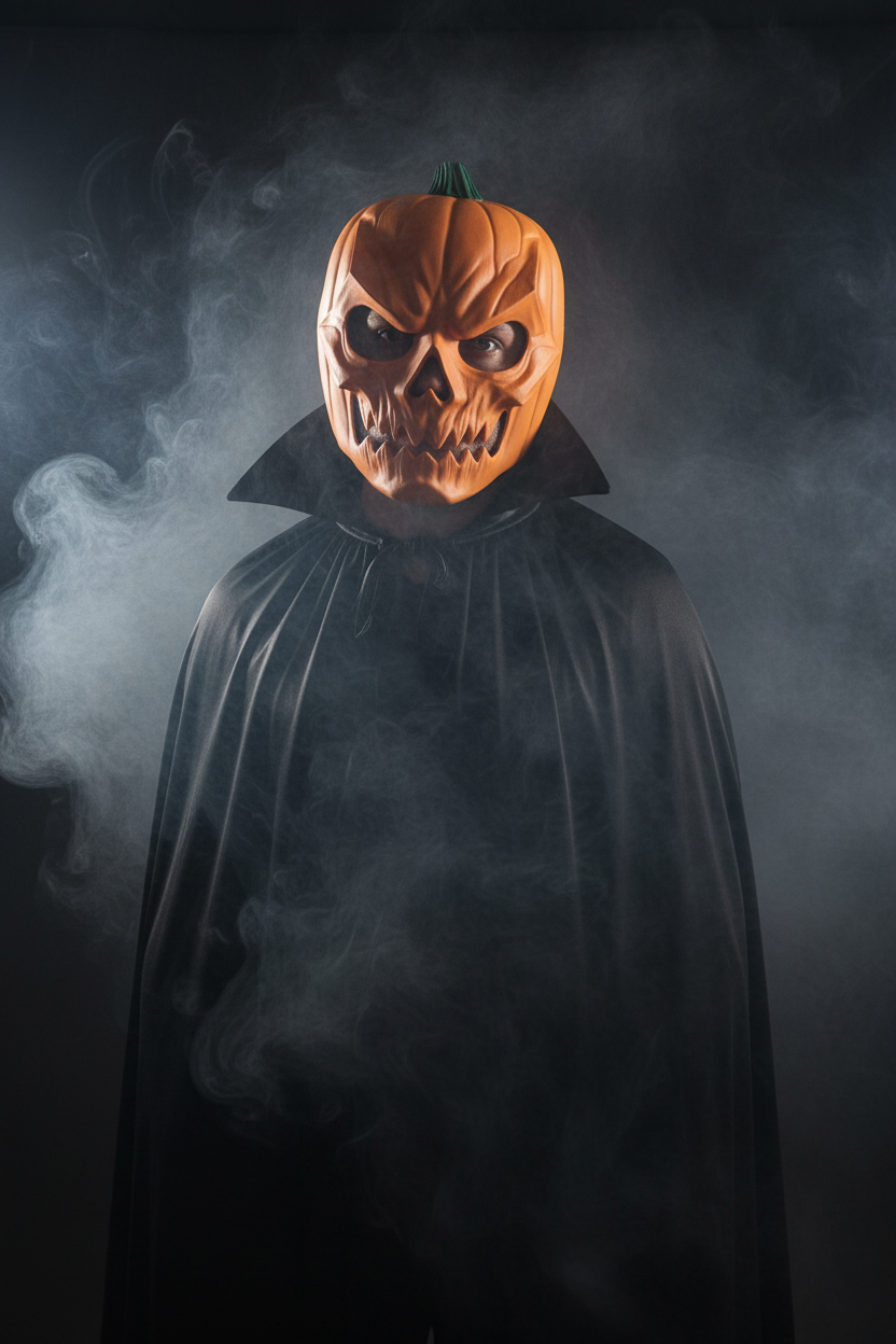 Person wearing pumpkin skull Halloween mask orange green stem carved ribbing hollow eyes jagged jaw black cape full costume dramatic low key studio smoke fog theatrical Halloween portrait