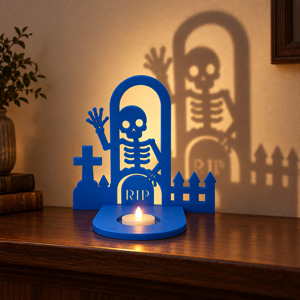 Graveyard shadow lamp on walnut mantel
