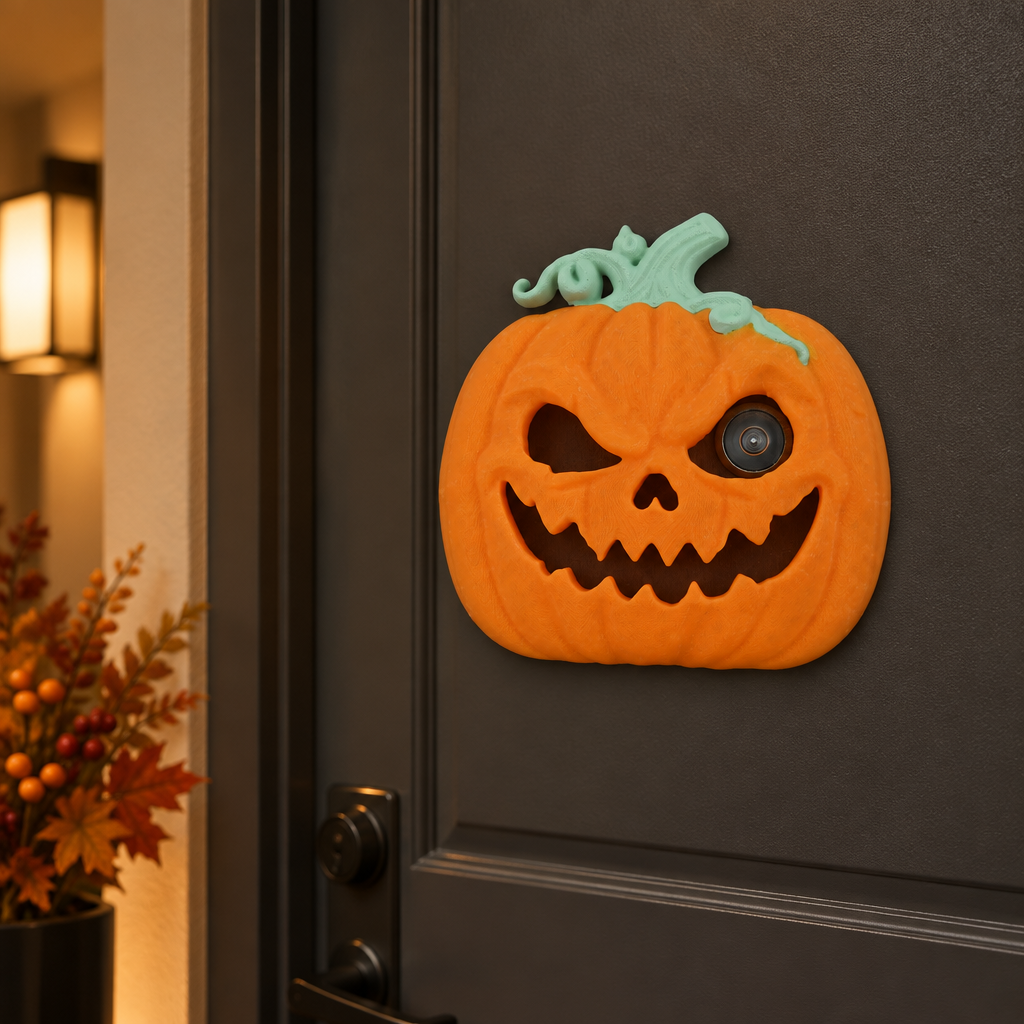 Pumpkin peephole decoration on charcoal door