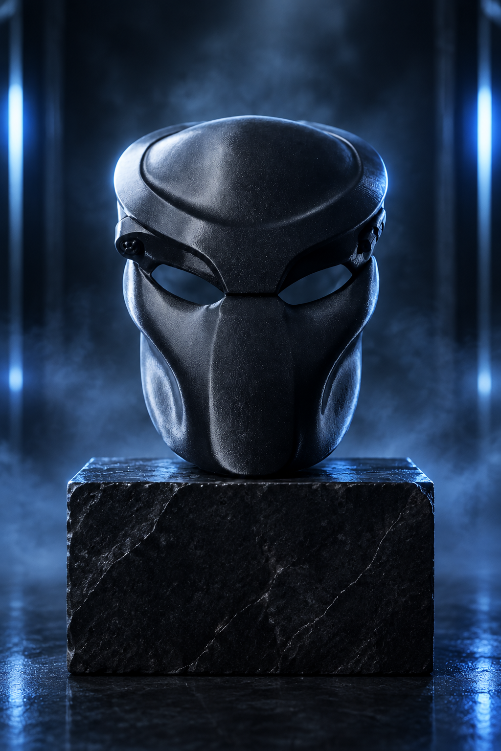 Black Predator Mask displayed on a stone plinth in a futuristic blue-lit studio