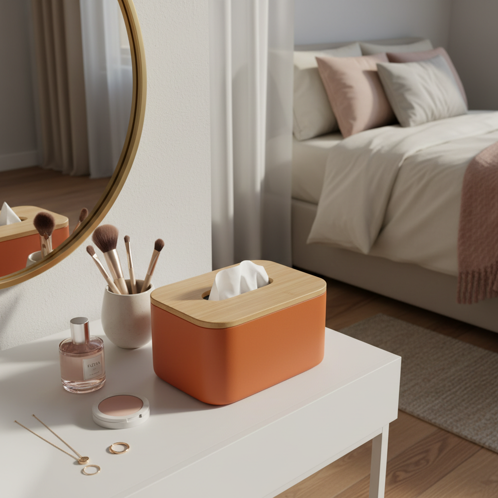 Tissue Box Organiser with Integrated Storage in orange — on dressing table with makeup accessories, perfume and jewellery, warm feminine bedroom
