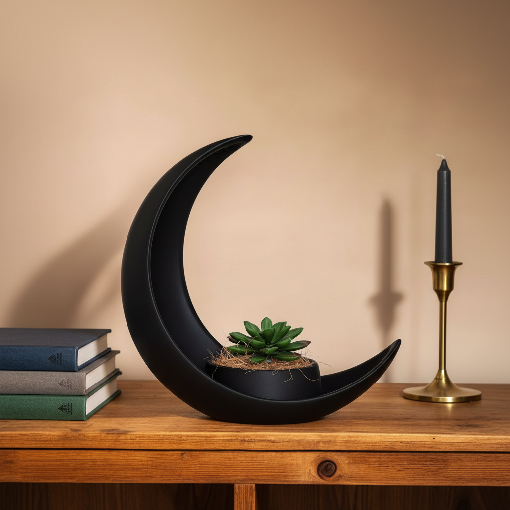 Black crescent moon planter with succulent on a dark wood bookshelf