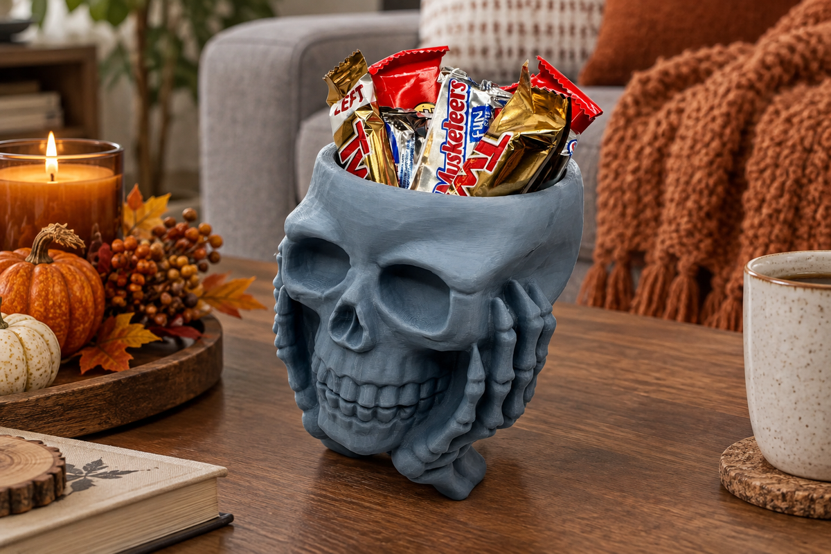 Grey skull bowl with sculpted hands filled with wrapped sweets on a living room table