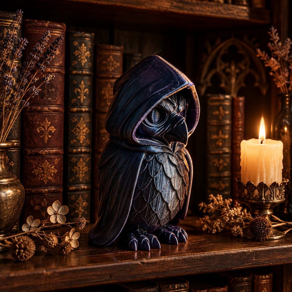 Cloaked Owl sculpture on a vintage bookshelf