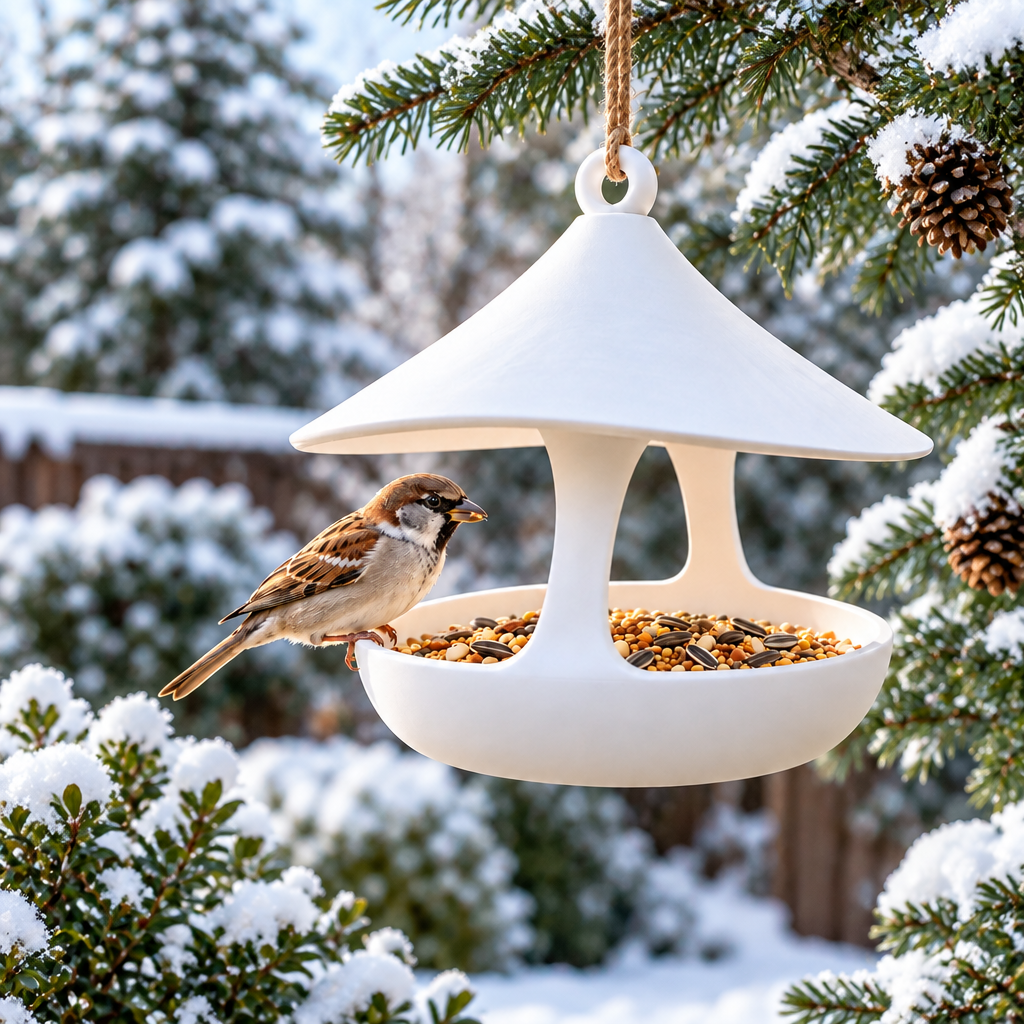 Modern bird feeder among winter evergreens