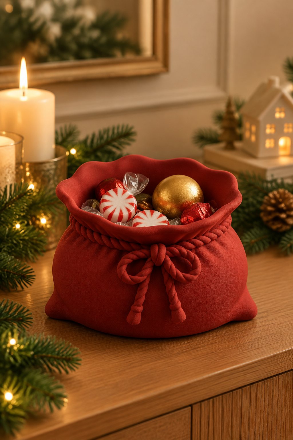 Red sack sweet bowl with wrapped sweets on a warm Christmas sideboard