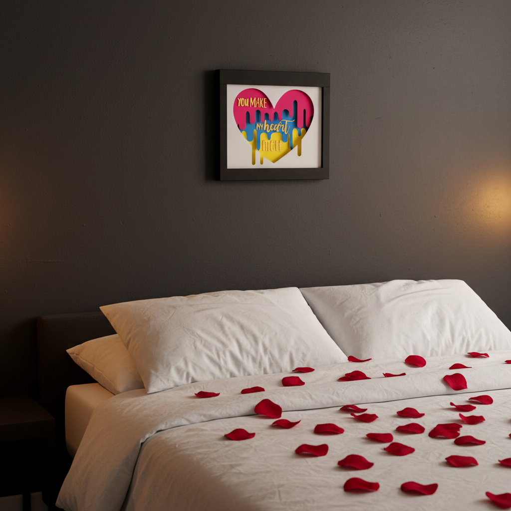 You Make My Heart Melt Shadow Box displayed on dark feature wall in moody romantic bedroom with rose petals