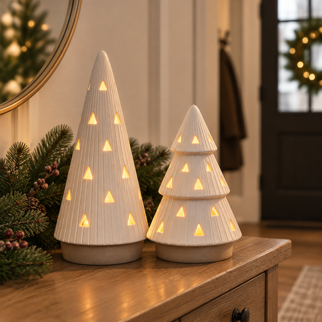 Beige ribbed Christmas tree tealight holders styled on an entryway console