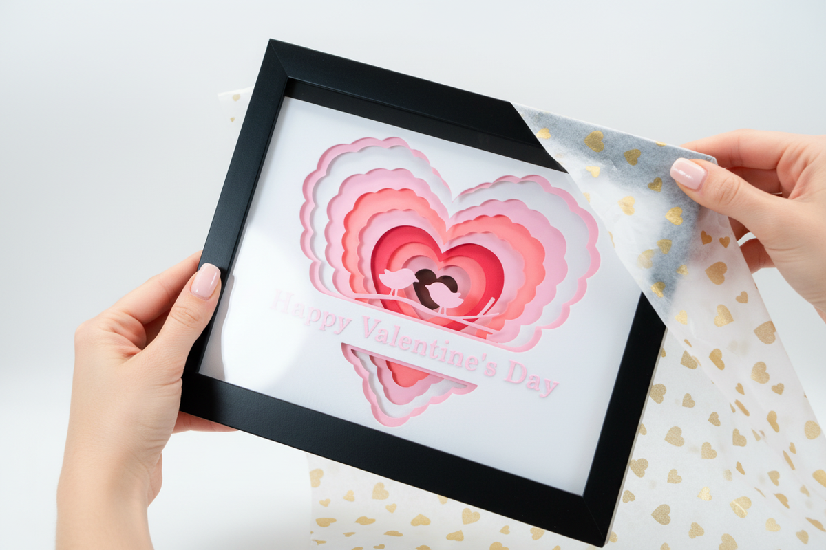 Valentine's Day shadow box being presented as a gift