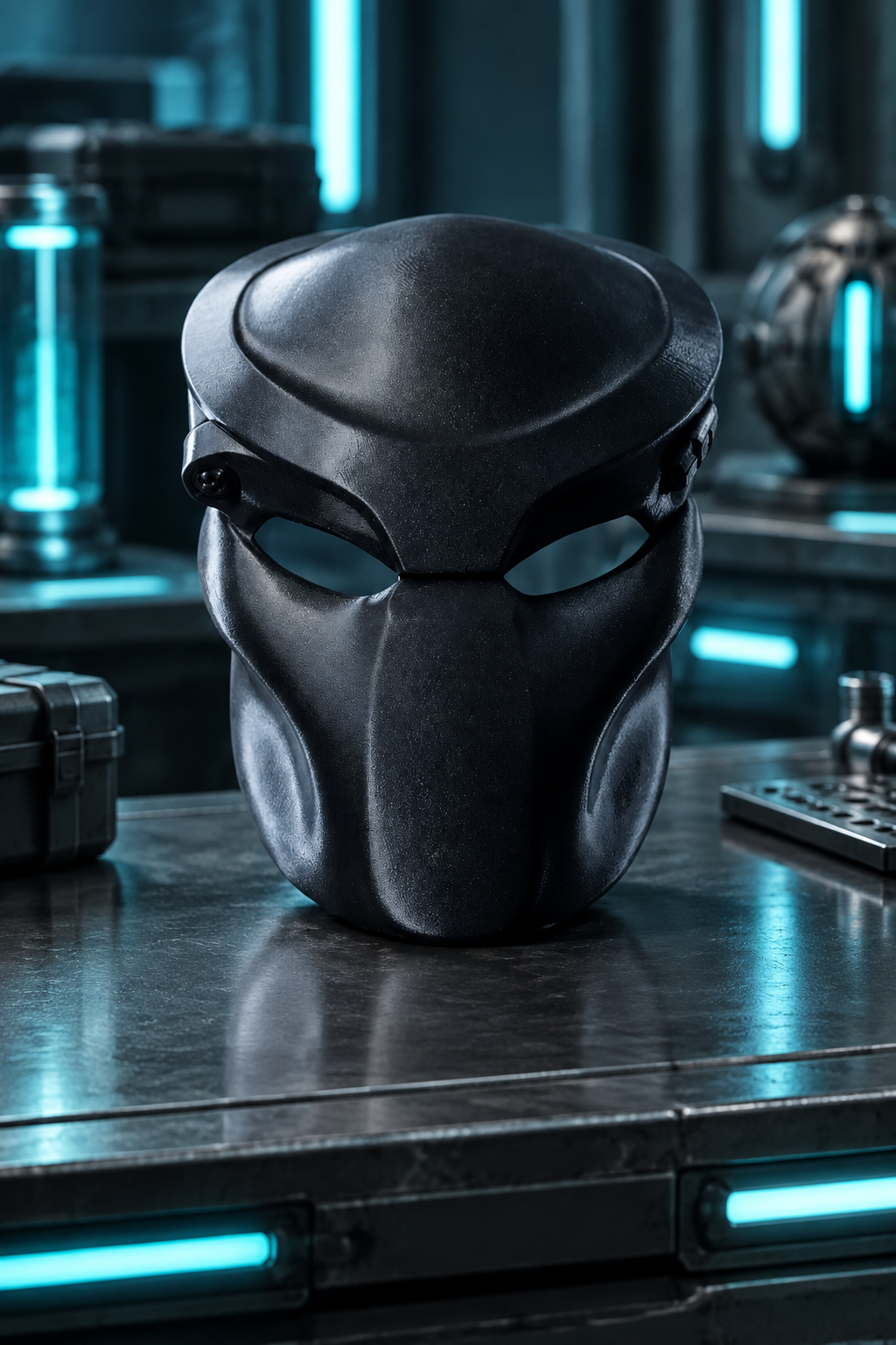 Black Predator Mask displayed on a futuristic metal workbench with cyan lighting
