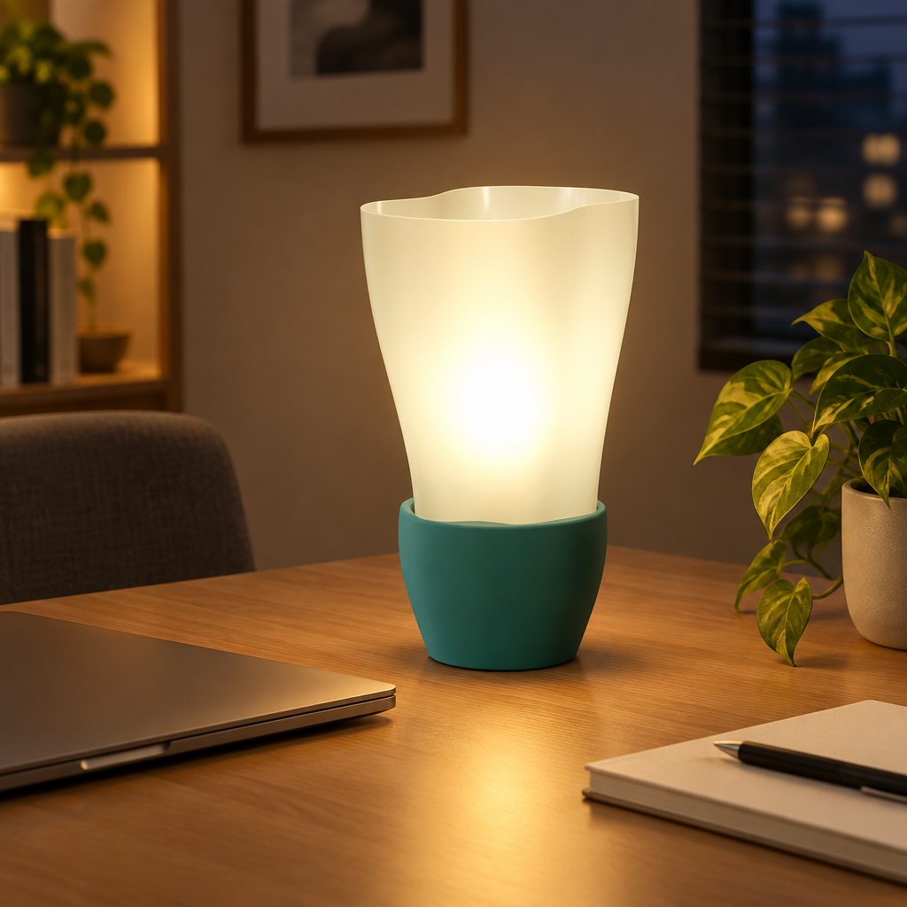 Flowing E14 Lamp lit on a wooden desk beside a laptop and notebook in the evening