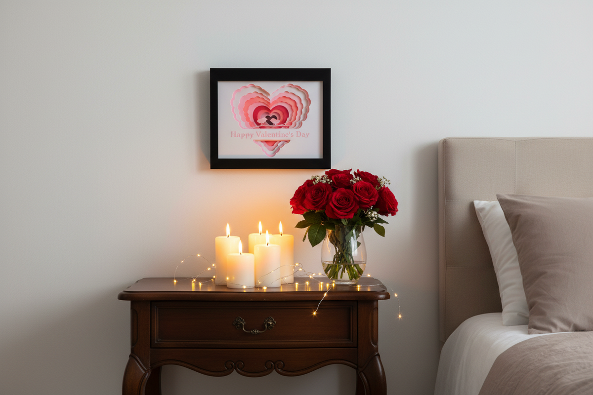 Valentine's Day shadow box displayed on bedroom wall with roses, candles and fairy lights