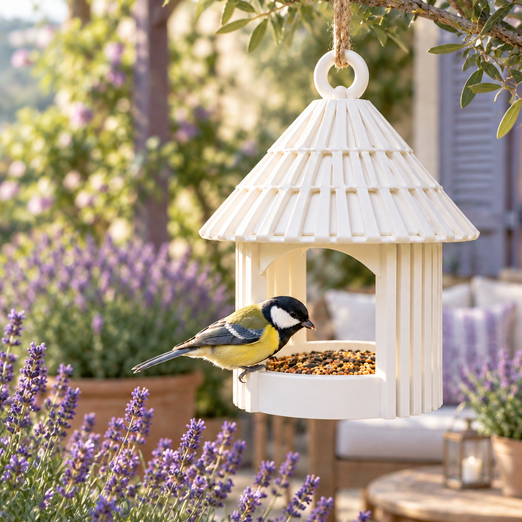 Garden Hut feeder beside lavender on a patio