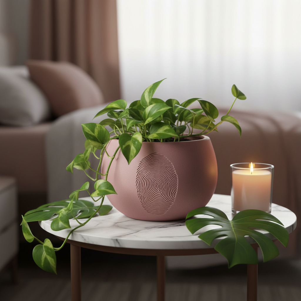 Dusty pink Caught fingerprint plant pot with trailing pothos on a marble side table with monstera leaves