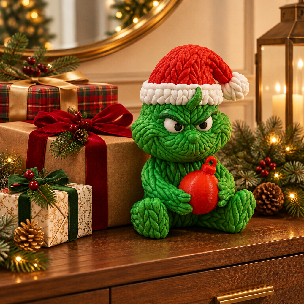 Knitted Grinch figure displayed beside wrapped Christmas gifts