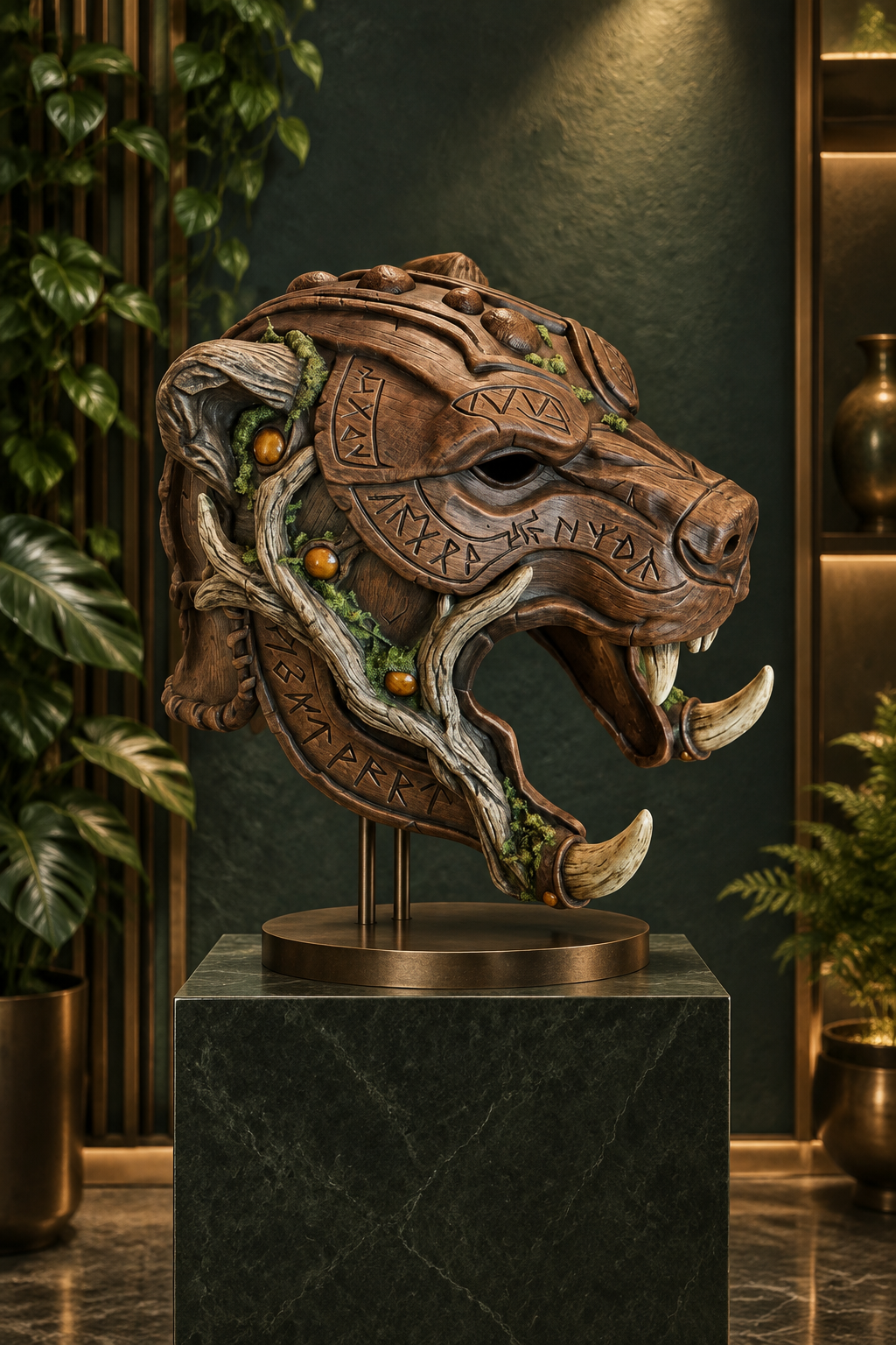 Runic Beast Mask displayed on a pedestal in a refined dark green and bronze interior