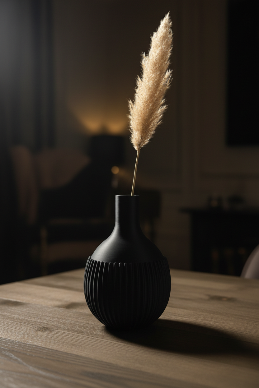 Ribbed Design Vase on a dark oak dining table with moody lighting