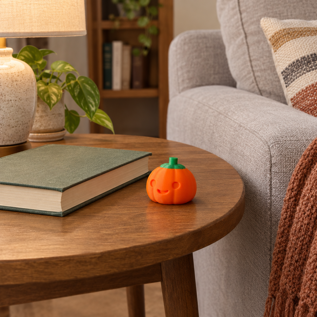 Pumpkin clicker on a side table.