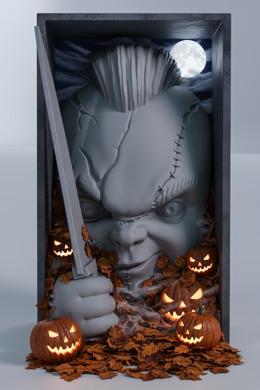 Chucky book nook relief sculpture grey framed box outdoors night fallen leaves glowing jack-o-lanterns ground fog moonlit atmospheric Halloween night scene portrait