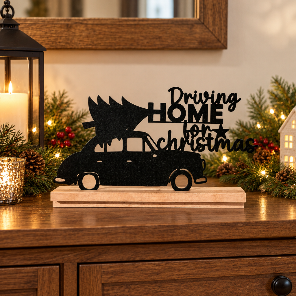 Black Driving Home for Christmas Sign on a dining-room sideboard