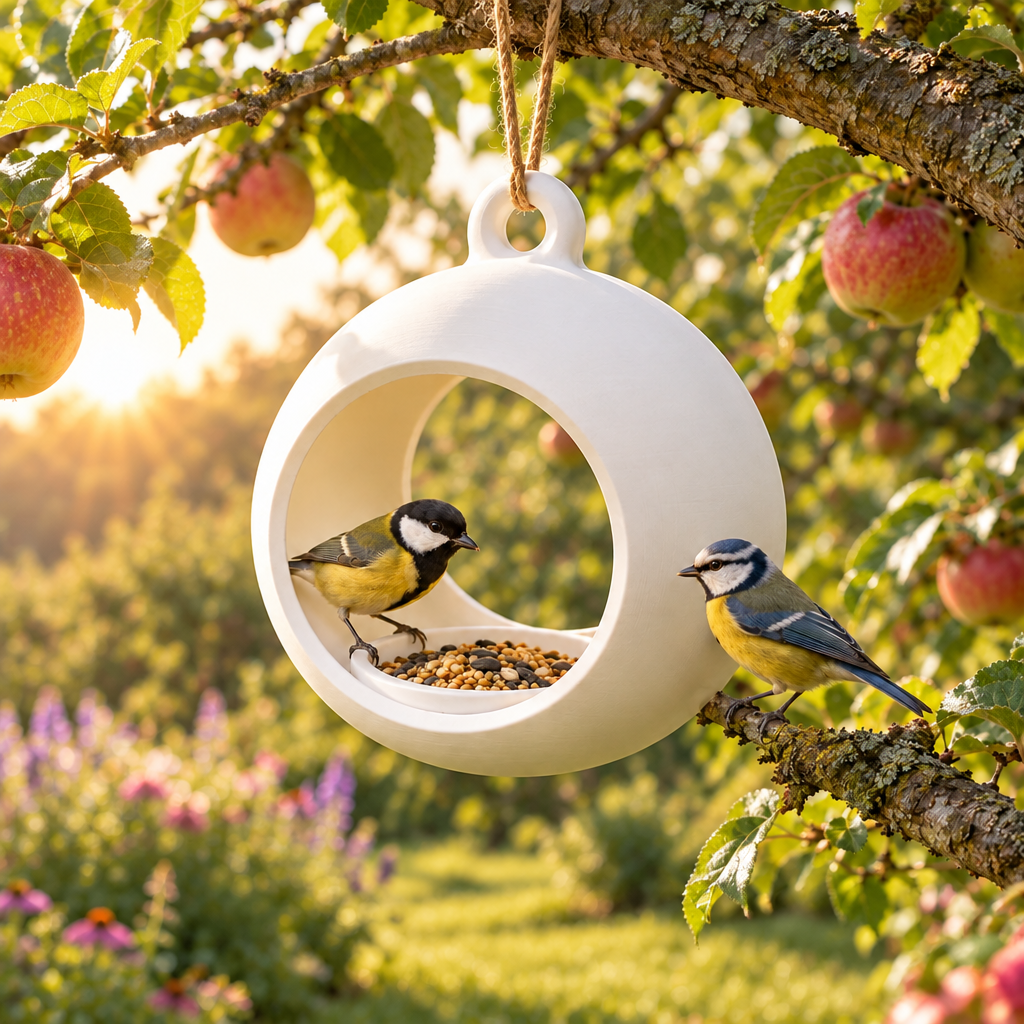 Sphere feeder hanging in apple orchard