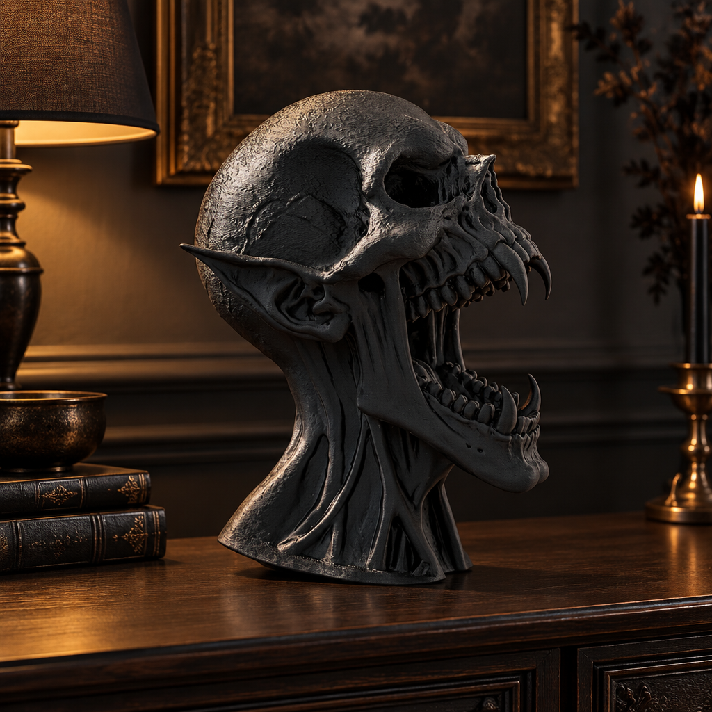 Black Vampire Skull bust displayed on a dark console in a gothic living room