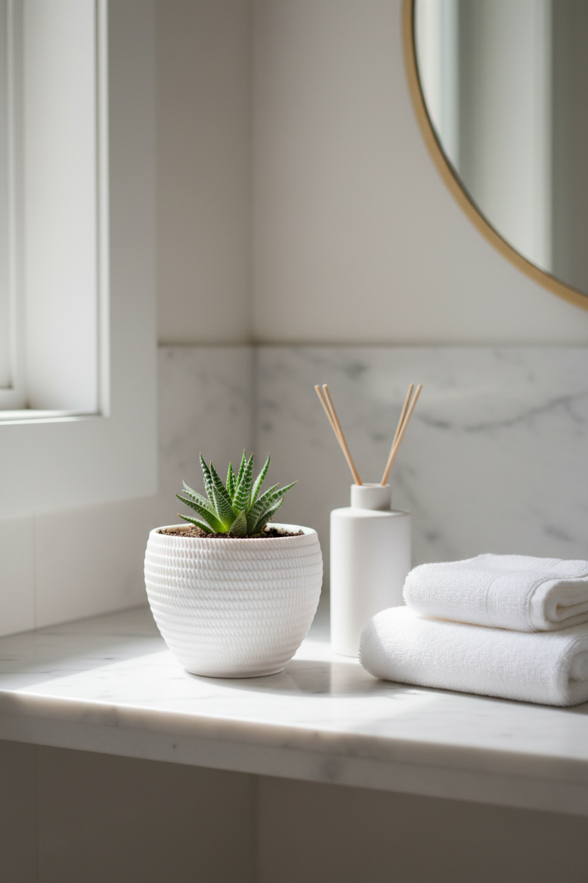 White geometric planter with succulent on marble bathroom shelf - lifestyle