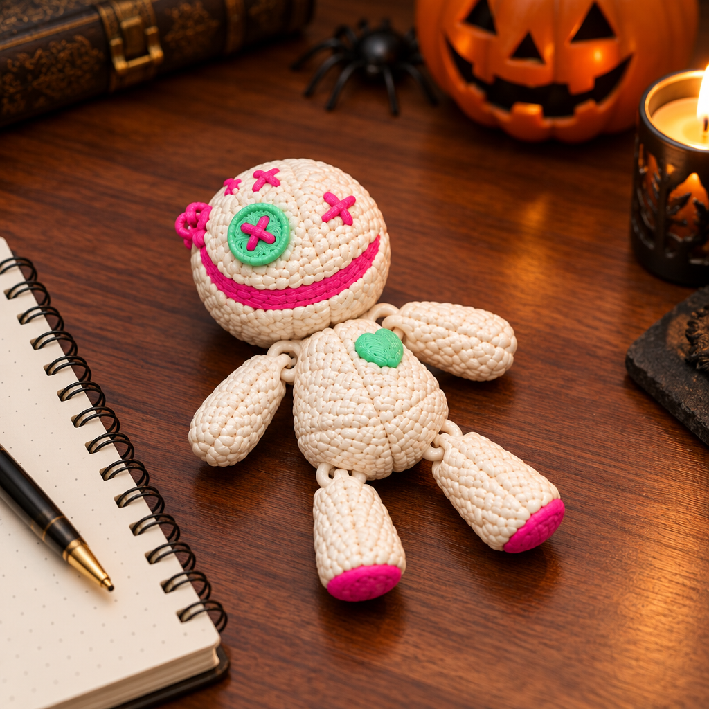 Cream and pink Vodoo Doll on walnut desk