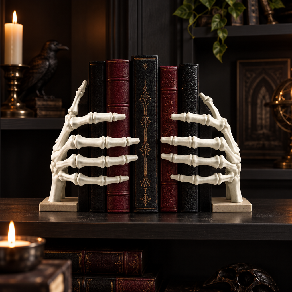 Paint-ready skeleton hand book holders styled in a modern gothic study