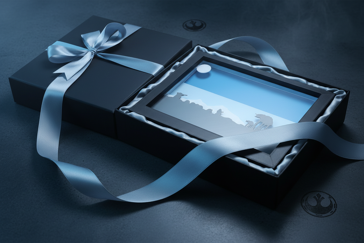 Star Wars Hoth Shadow Box presented as a gift in a sleek black box with silver-blue ribbon