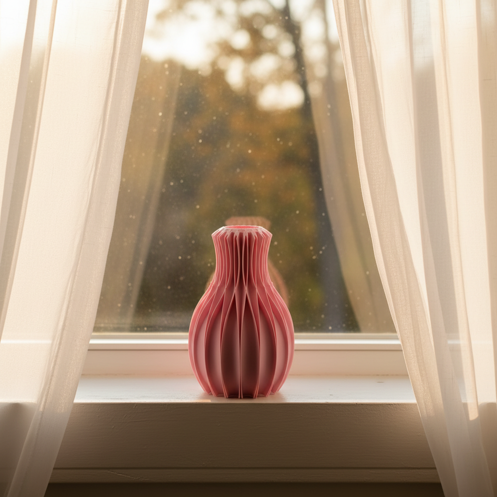Facetta vase on a bedroom windowsill with sheer curtains in golden hour sunlight