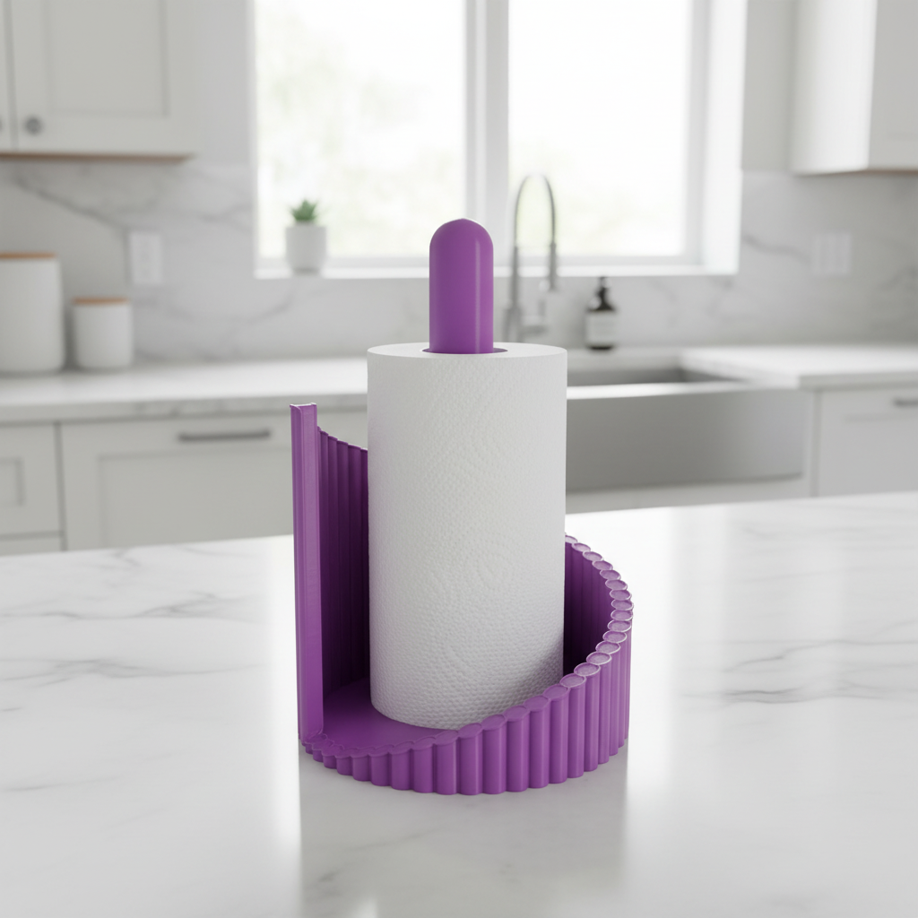 Twisted Ribbed Paper Towel Holder - purple colourway on white marble kitchen counter, minimalist kitchen background
