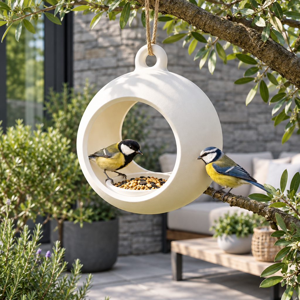 Round hanging feeder on a modern stone patio