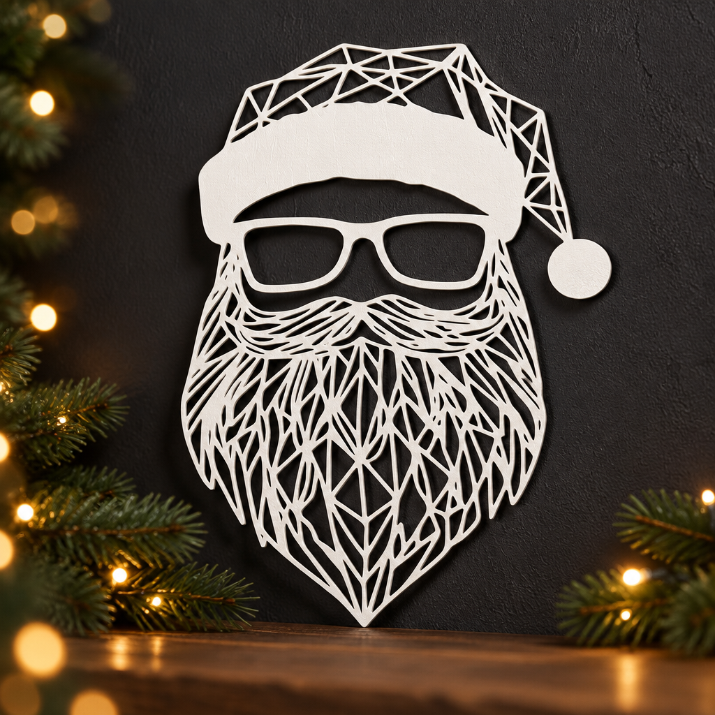 Close lifestyle view of the white geometric Santa sign against a dark wall with festive lights