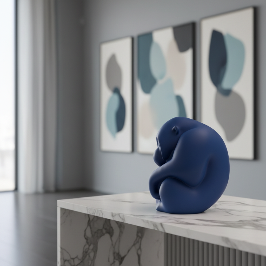 Deep blue Orang Sculpture on a minimalist marble console table with abstract art in the background