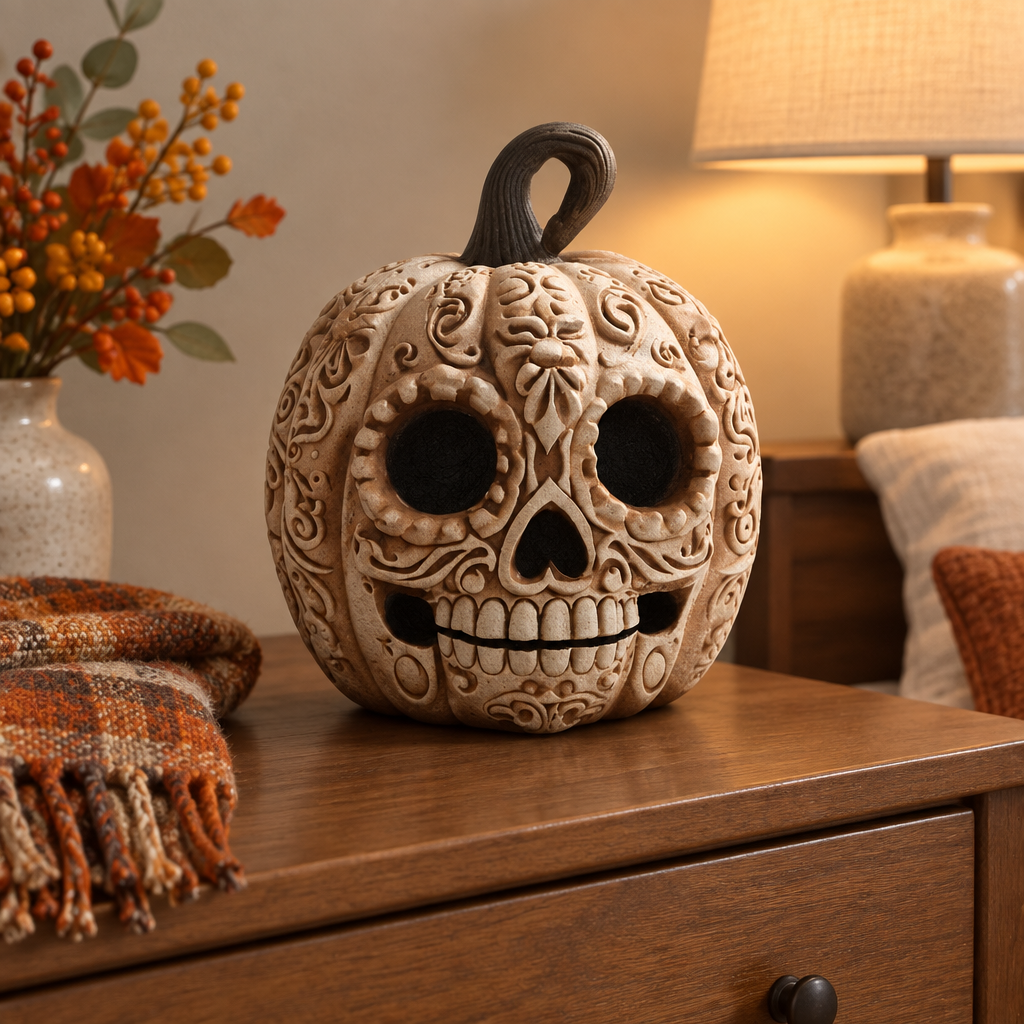 Pumpkin skull ornament on a warm-toned bedroom dresser with autumn textiles and soft light