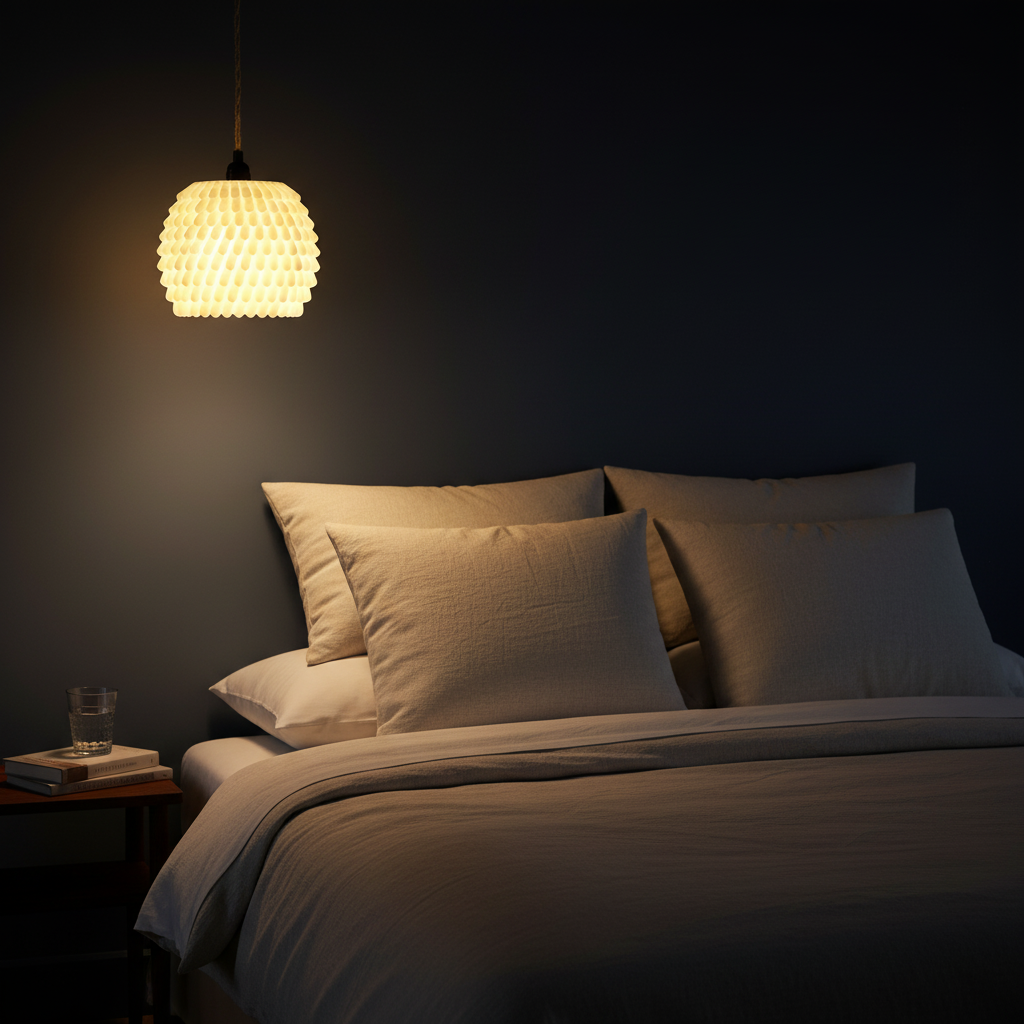 Sea anemone pendant lampshade glowing golden above linen bed in moody bedroom interior lifestyle