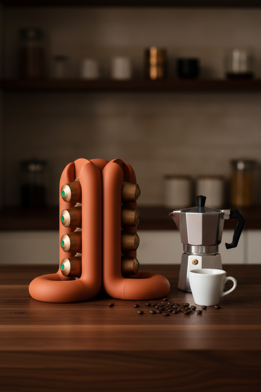 Terracotta wibble pod holder beside moka pot on walnut counter - lifestyle