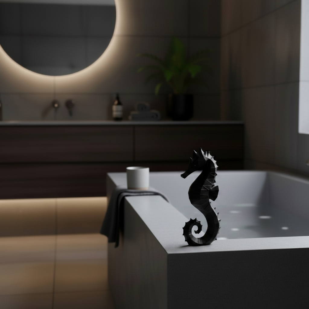 Matte black seahorse sculpture on dark shelf with dramatic lighting