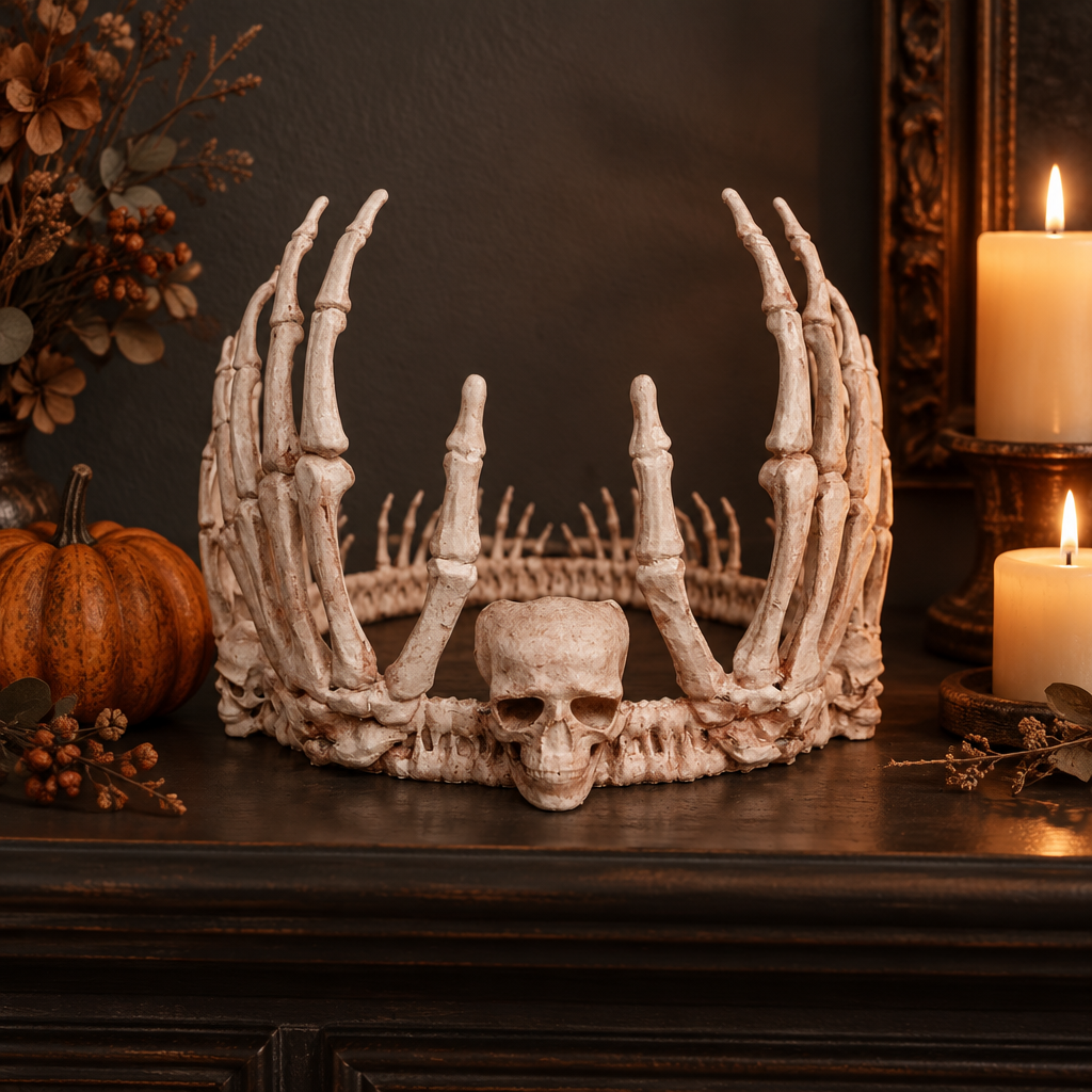 Skeleton Crown styled on a mantel with restrained Halloween decor