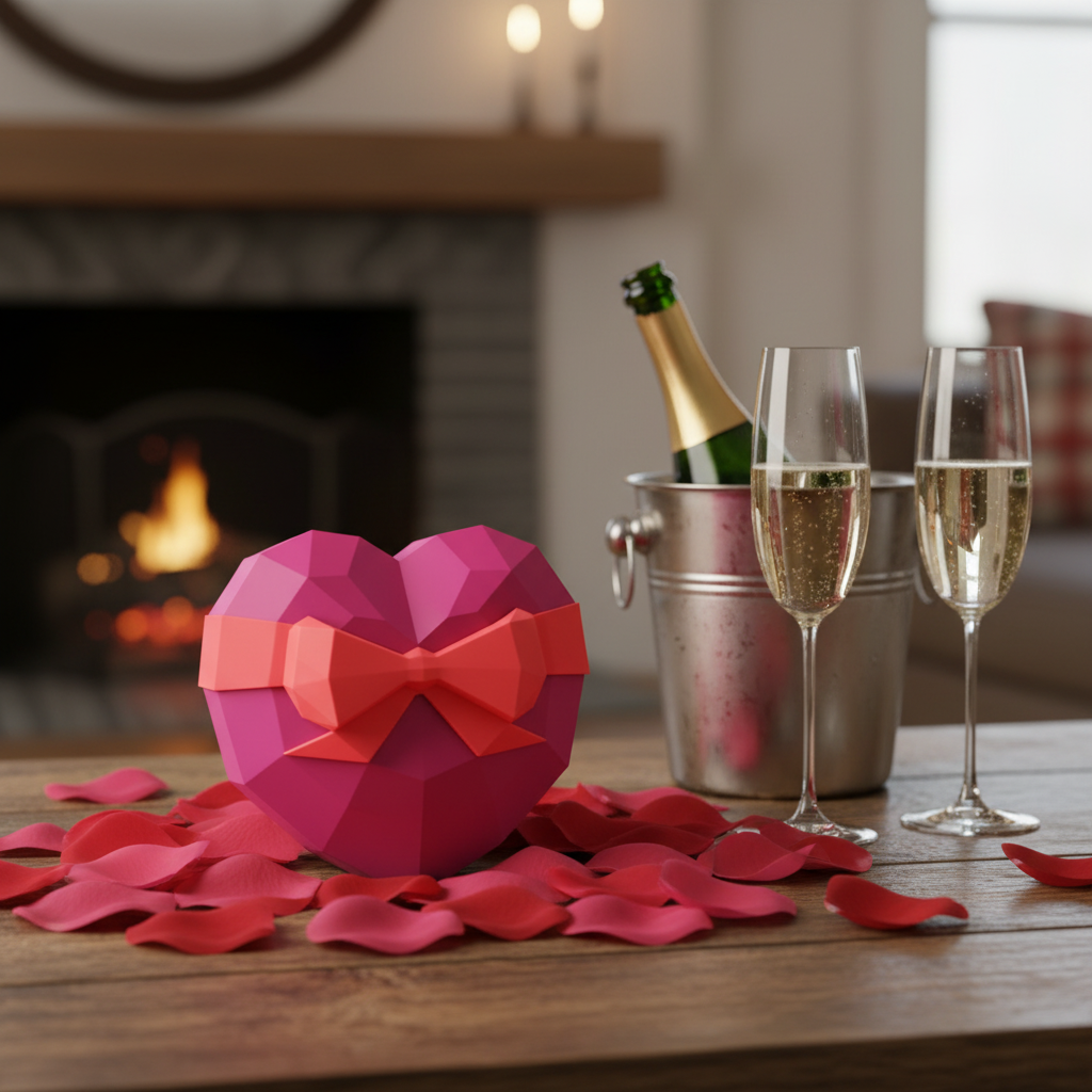 Low-Polygon Heart-Shaped Gift Box in red — on wooden table with champagne bottle, two glasses and rose petals, anniversary celebration