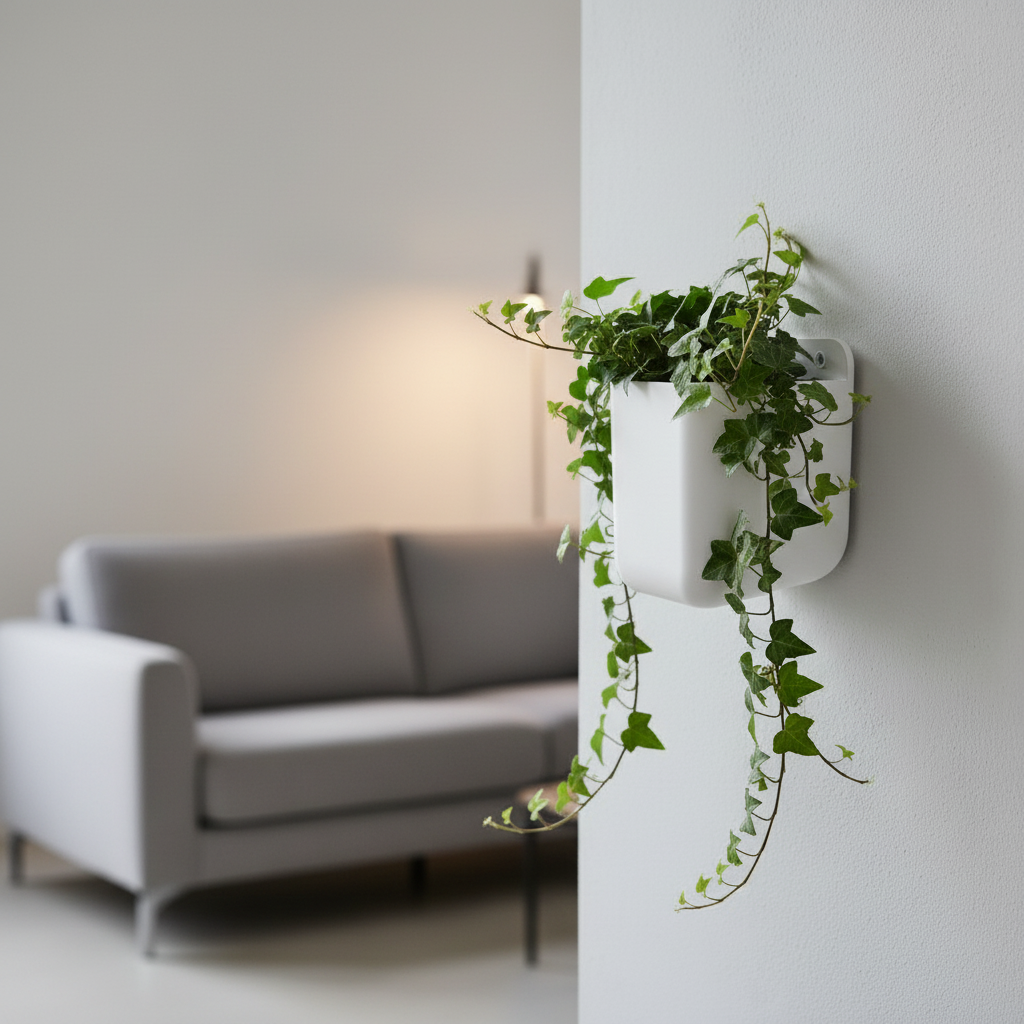 Matte white wall planter with cascading ivy on grey wall in minimal living room