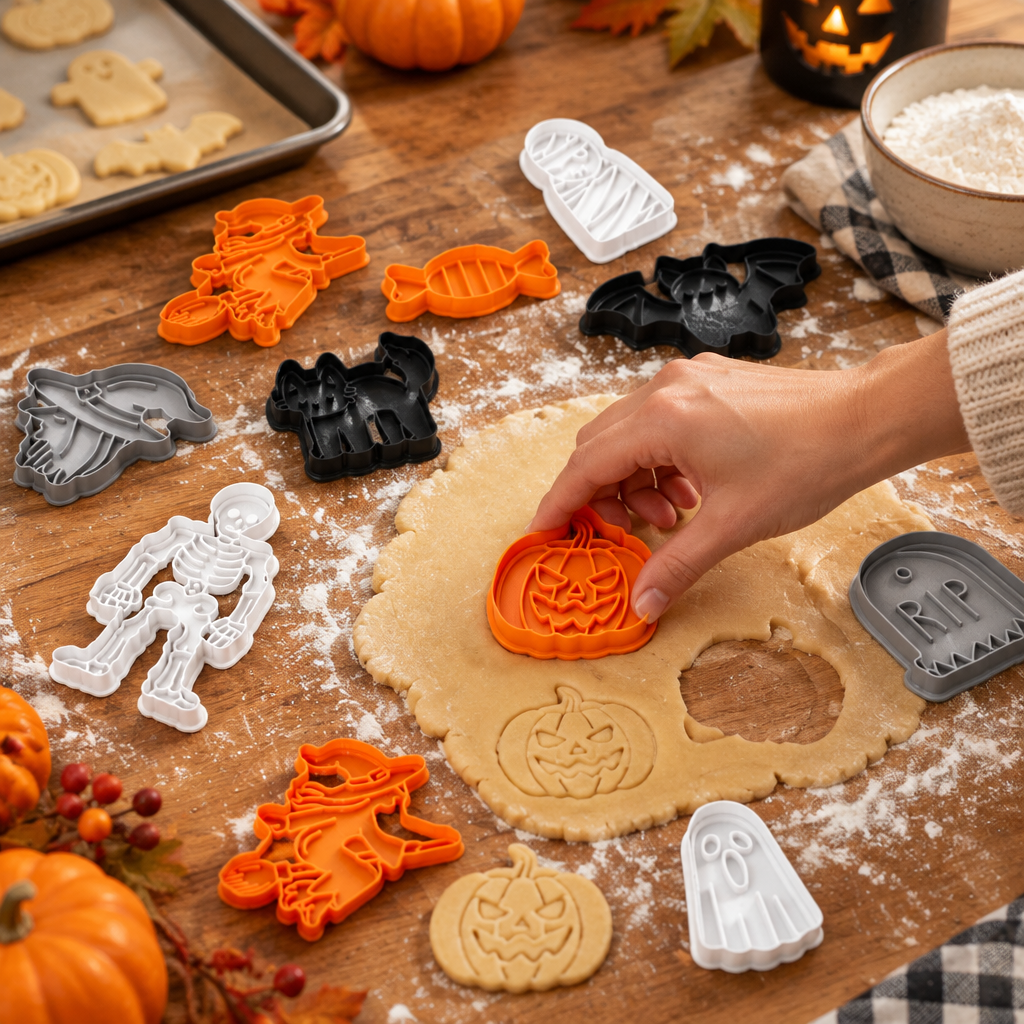 A hand presses the pumpkin cookie cutter into dough with other Halloween cutters nearby