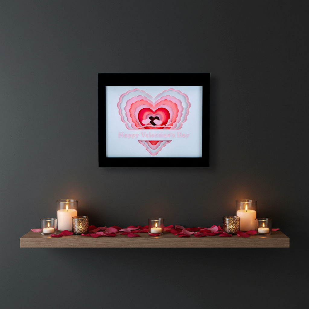 Valentine's Day Lovebirds Shadow Box displayed on dark moody feature wall with candles and rose petals