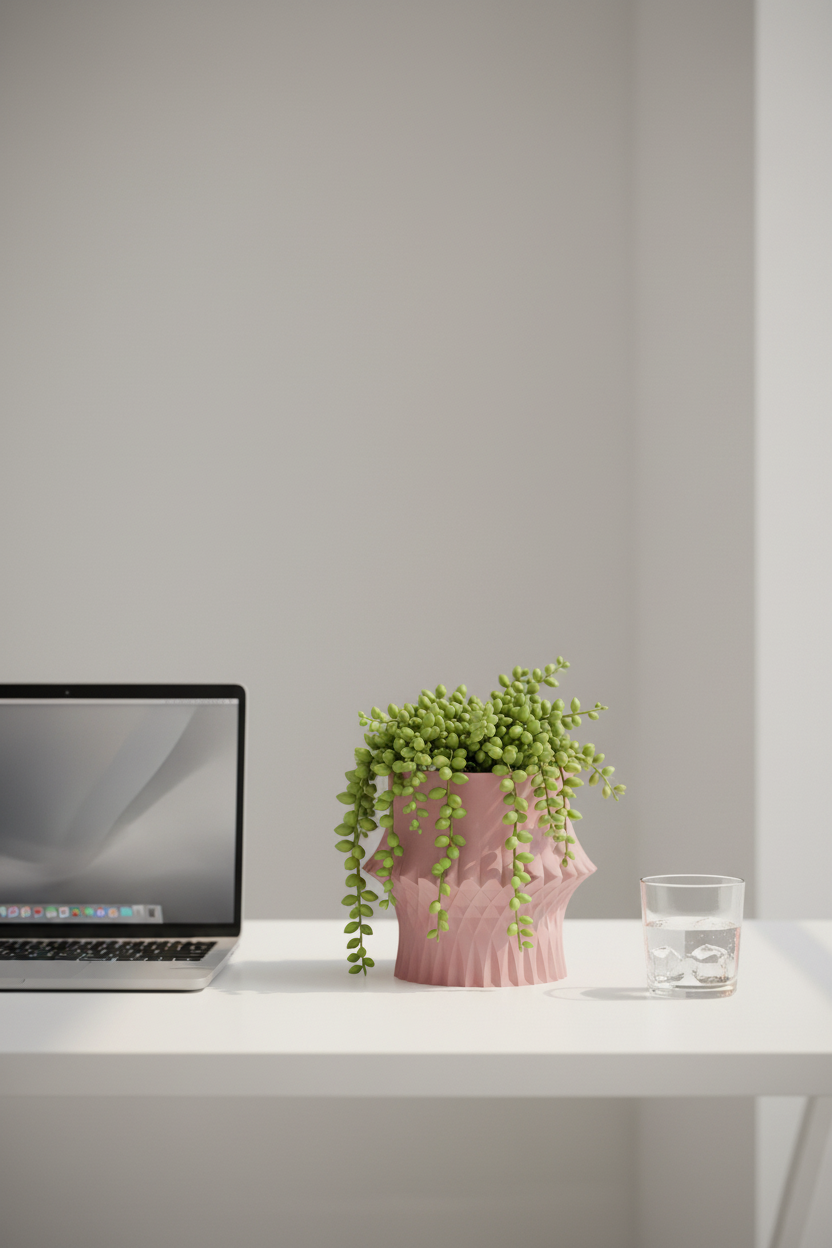 Dusty pink sculpted geometric desk planter with trailing succulent on white minimal desk home office lifestyle