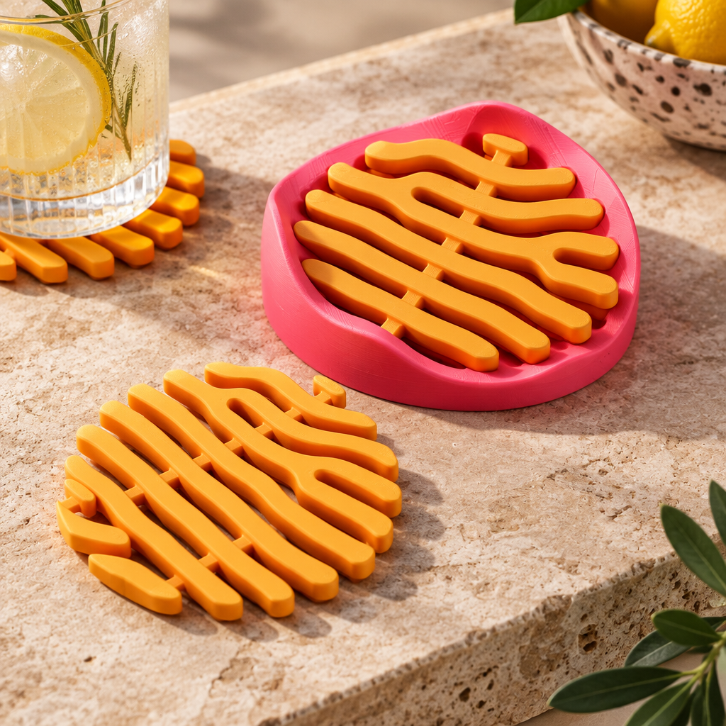 Close-up of coral coaster and inset stand