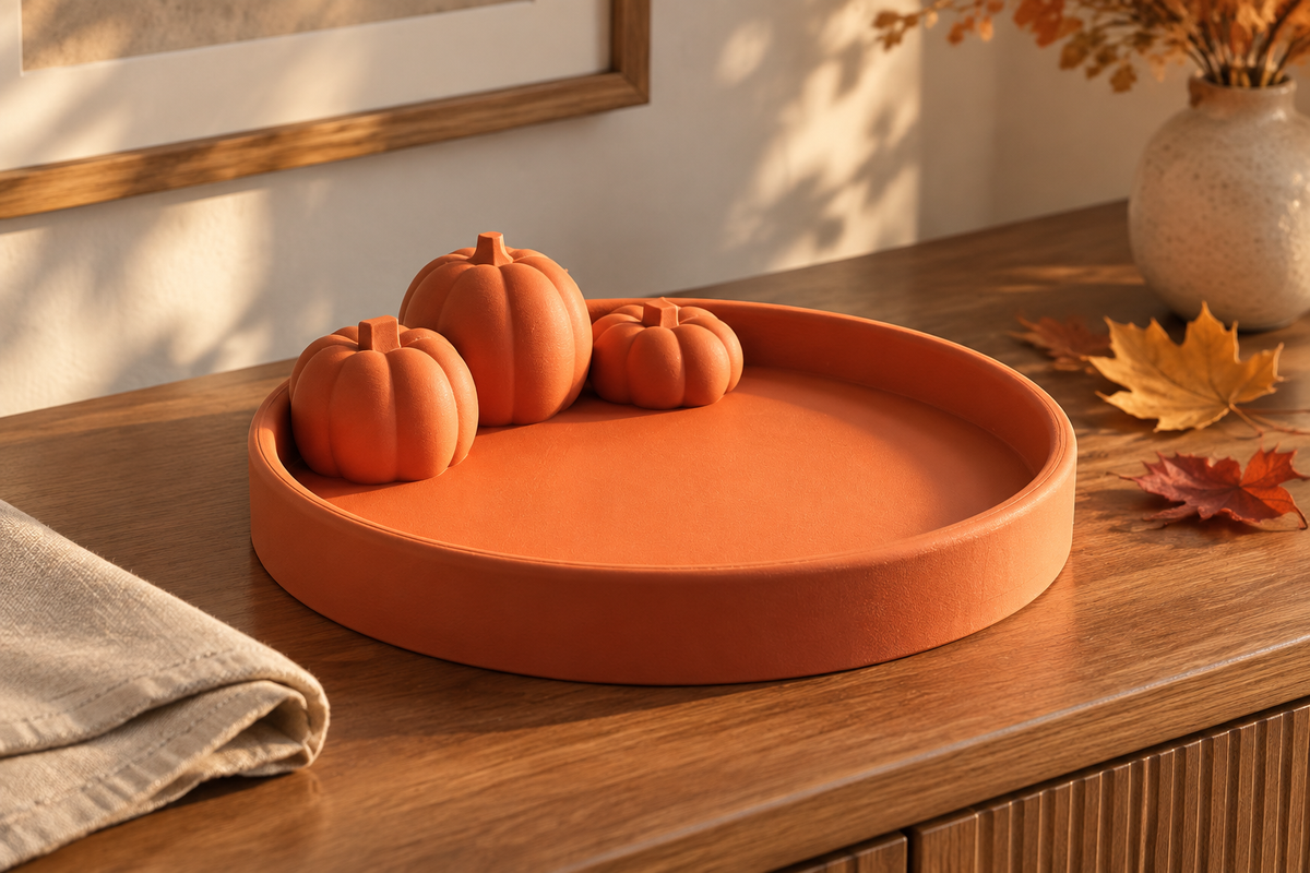 Orange Pumpkin Tray styled on a dining-room sideboard