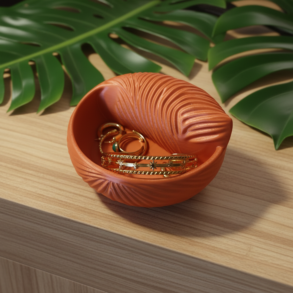 Terracotta orange seashell jewellery bowl on wooden dressing table with monstera leaves