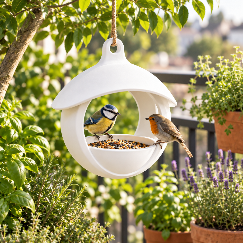 Spherical bird feeder hanging on herb balcony